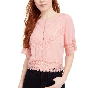 Self Esteem Pink Lace-Trim Crewneck Short Bell Sleeve Back Tie Top Size Small